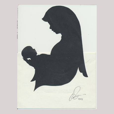
        Front of silhouette, with 'Madonna with Child' looking left, half of silhouette is jutting out from the support.